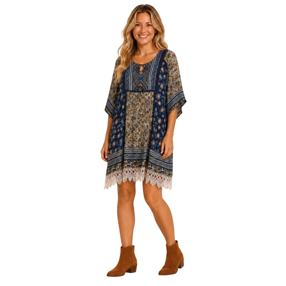 Coldwater Creek Womens Petite XL Mixed Print Lace Trim Shift Dress Blue Boho
